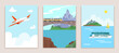 © Vectorwonderland - Concept travel banner set, train ride mountain road, flight international passenger aircraft and sea voyage flat vector illustration.