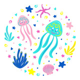 Fototapeta Dinusie - Cute jellyfish swim underwater with algae, shells and starfish. Children's illustration. Vector.
