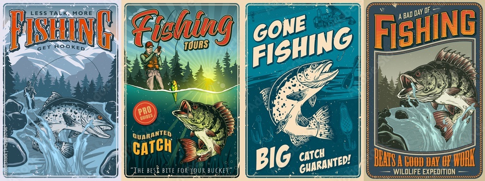Fishing vintage posters collection - obrazy, fototapety, plakaty 