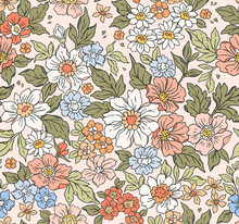 Vintage Seamless Floral Pattern. Liberty Style Background Of Small Pastel Colorful Flowers. Small Flowers Scattered Over A Beige Background. Stock Vector For Printing On Surfaces. Realistic Flowers.