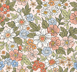 Wall Mural - Vintage seamless floral pattern. Liberty style background of small pastel colorful flowers. Small flowers scattered over a beige background. Stock vector for printing on surfaces. Realistic flowers.