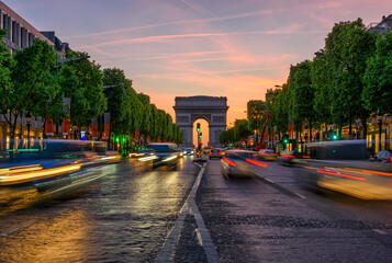 Fototapete - Champs-Elysees and Arc de Triomphe at sunset in Paris, France. Architecture and landmarks of Paris. Postcard of Paris