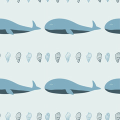 seamless pattern with whale. Shells. Marine theme. Print for fabric, packing paper. gray wallpaper with animals. ocean, sea. curtain design. vecto eps 10