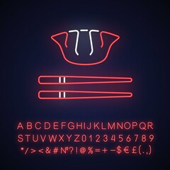 Poster - Jiaozi neon light icon. Gyoza with chopstick. Chinese cuisine. Lunar New year celebration food. Outer glowing effect. Sign with alphabet, numbers and symbols. Vector isolated RGB color illustration