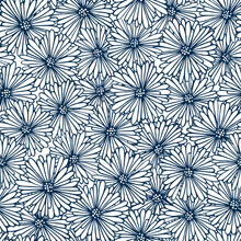 Collage Hand Drawn Illustration With Simple Small Flowers. Vintage Traditional Indian, Scandinavian, Japanese, Greek Blue Seamless Pattern With Abstract Chamomile.