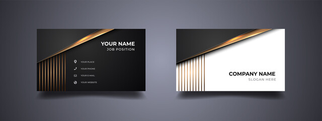 Business card design with minimalist and elegant design. Abstract gold line with black and white background. Vector print template.