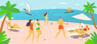 © Vectorwonderland - Vacation holiday time, people character together rest hot outdoor beach, tropical country sand shore cartoon vector illustration, natural landscape.