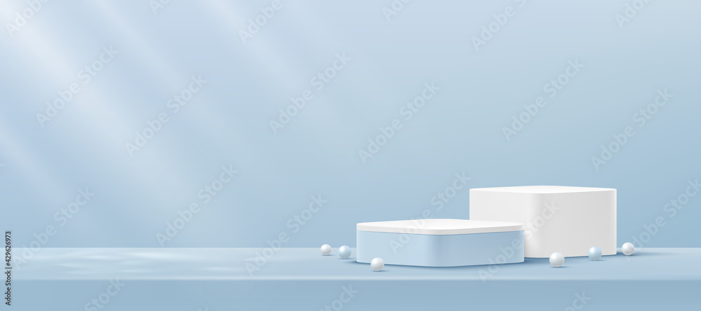 Abstract white and blue round corner cube platform podium. Window lighting. Light blue minimal wall scene. Vector rendering 3d shape for Product display presentation. Pedestal summer concept. - obrazy, fototapety, plakaty 