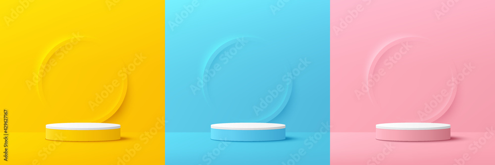 Set of yellow, blue, pink, white cylinder pedestal podium. Emboss ring shape with pastel color backdrop. Abstract vector rendering 3d shape. Cosmetic product display presentation. Minimal wall scene. - obrazy, fototapety, plakaty 