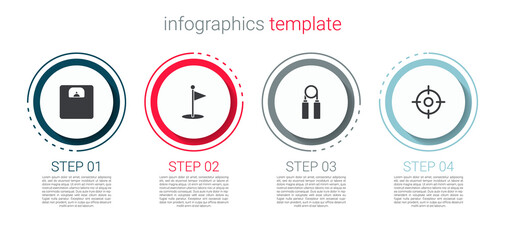 Poster - Set Bathroom scales, Golf flag, Sport expander and Target sport. Business infographic template. Vector