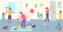 Friendly Cheerful Family Together Clean Room House, Character Cleanup Living Hall Flat Vector Illustration, Big Happy Household.