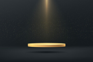 Glowing golden pedestal floating on air with spotlight. Shiny golden glitter minimal wall scene. Luxury and elegant. Abstract black room. Vector rendering 3d shape for Product display presentation.