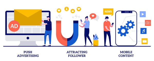 Poster - Push advertising, attracting follower, mobile content concept with tiny people. Social media blogger earnings abstract vector illustration set. Ad revenue, network page promotion ways metaphor