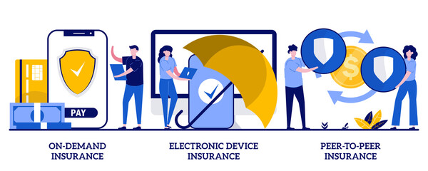 Poster - On demand insurance, electronic device insurance, peer to peer insurance concept with tiny people. Services ordering, financial protection, risk sharing abstract vector illustration set