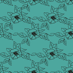 Poster - Black outline rose on green background seamless repeat pattern print