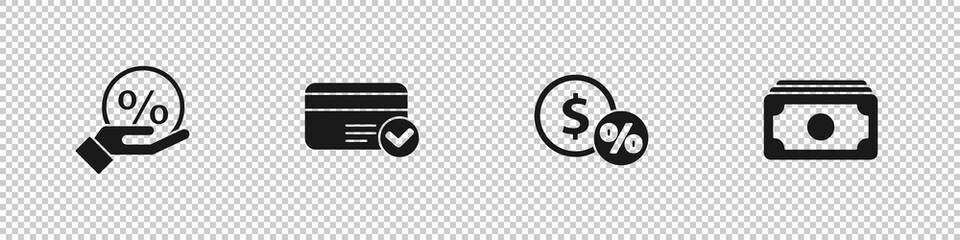 Sticker - Set Discount percent tag, Credit card, Money coin with and Stacks paper money cash icon. Vector