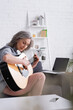 © LIGHTFIELD STUDIOS - mature woman learning to play acoustic guitar near laptop with blank screen on couch