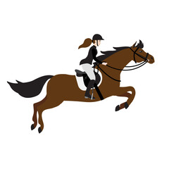 Wall Mural - Vector hand drawn flat cartoon girl woman riding show jumping horse isolated on white background