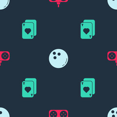 Sticker - Set Gamepad, Bowling ball and Playing cards on seamless pattern. Vector