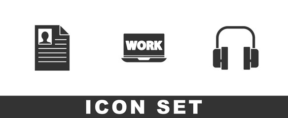 Poster - Set Resume, Laptop with text work and Headphones icon. Vector