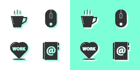 Poster - Set Address book, Coffee cup, Heart with text work and Computer mouse icon. Vector