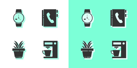 Poster - Set Coffee machine, Wrist watch, Plant pot and Address book icon. Vector