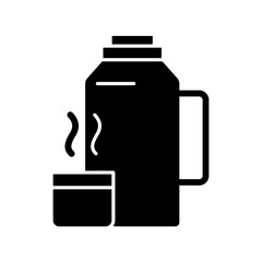 Sticker - Vacuum flask black glyph icon. Keeping coffee and tea hot. Thermos flask. Leak-proof mug. Heat leaving prevention. Desired temperature. Silhouette symbol on white space. Vector isolated illustration