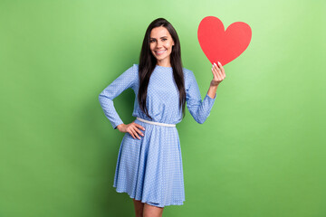 Sticker - Photo of sweet optimistic brown hair lady show heart wear blue dress isolated on green color background