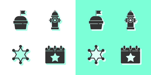 Sticker - Set Calendar with date July 4, Cake, Hexagram sheriff and Fire hydrant icon. Vector