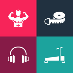 Sticker - Set pop art Treadmill machine, Headphones, Tape measure and Bodybuilder muscle icon. Vector