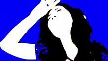 Poster Effect: A Young Beautiful Woman Listening To Music With Headphones, Making Cool Dance Moves. Closeup Shot, Blue Background.
