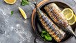 Oktoberfest menu. Grilled mackerel fish with lemon herbs and spices, Long banner format, top view