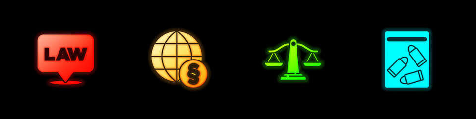 Sticker - Set Location law, International, Scales of justice and Evidence bag and bullet icon. Vector