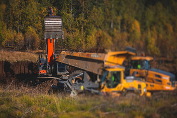 Wall Mural - Yellow heavy excavator and dump tip truck tipper excavating sand and working during road works, unloading sand during construction of the new road with workers around