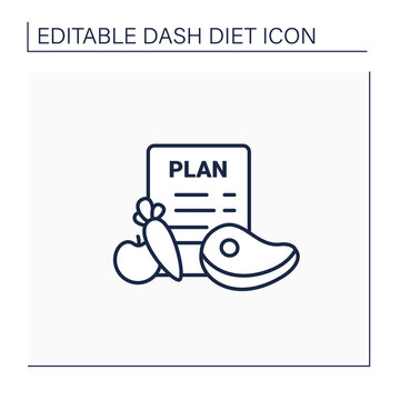 Eating plan line icon.Healthy diet plan for breakfast,dinner,lunch.Including vegetables like carrot, fruits,meat. Time restricted eating.Dash diet concept.Isolated vector illustration.Editable stroke