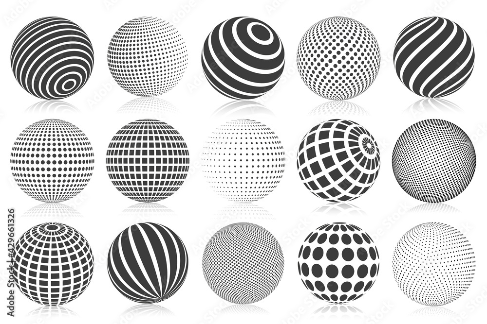 Dotted halftone 3d sphere. Striped, dotted and checkered 3d spheres, abstract sphere balls. Minimalistic halftone spherical isolated vector symbols set - obrazy, fototapety, plakaty 
