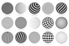Dotted Halftone 3d Sphere. Striped, Dotted And Checkered 3d Spheres, Abstract Sphere Balls. Minimalistic Halftone Spherical Isolated Vector Symbols Set