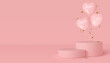 © ludmila_m - 3d podium scene with glossy heart balloons. Mockup for product presentation with copy space. Design for Valentines, Mothers day or wedding. Minimal background in pink color. Vector illustration.