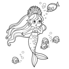 Poster - cute little mermaid girl in coral tiara speaks with fish outlined for coloring page isolated on whit