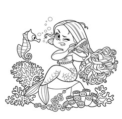 Poster - Cute little mermaid girl sitting on a stone and combing tangled hair with a comb outlined for coloring page isolated on white background