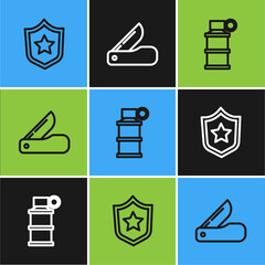 Canvas Print - Set line Military reward medal, Hand smoke grenade and Swiss army knife icon. Vector