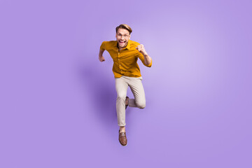 Sticker - Photo of sweet hurrying young guy wear casual clothes glasses running fast isolated purple color background