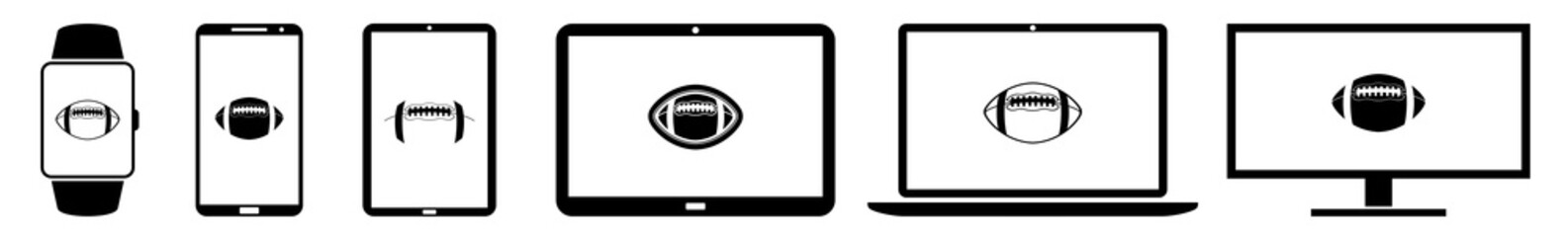 Wall Mural - American Football Display Icon Devices Set | Web Screen Ball Device Online | America Team Laptop Vector Illustration | Sport Mobile Phone | PC Computer Smartphone Tablet Sign Isolated