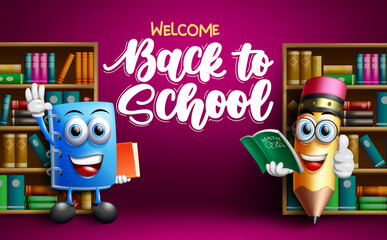 Poster - back to school character vector design. welcome back to school text with 3d educational characters l