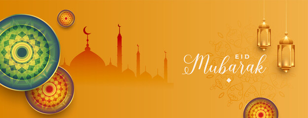 eid mubarak islamic banner with lantern and mosque