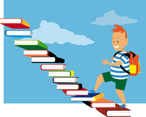 Little boy walking up the stairs made of books, EPS 8 vector illustration