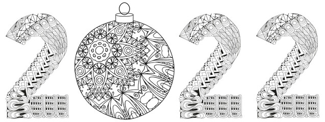 Number 2022 Zentangle with a Christmas ball. Vector decorative object for coloring