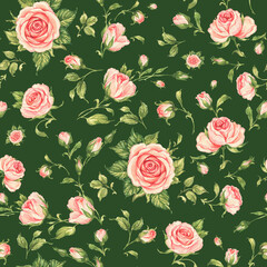   Seamless floral pattern drawn blooming roses with buds
