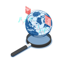 Poster - Isometric World with Financial Chart on Magnifying Glass