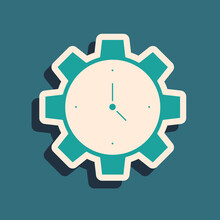Green Time Management Icon Isolated On Green Background. Clock And Gear Sign. Productivity Symbol. Long Shadow Style. Vector